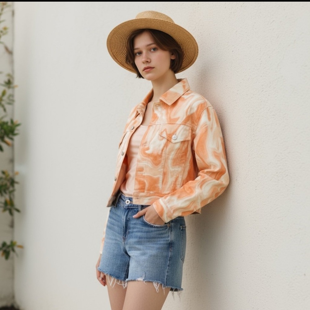 PEACH LOVE CALIFORNIA Peach and rust tie die denim jacket M L - Picture 3 of 9